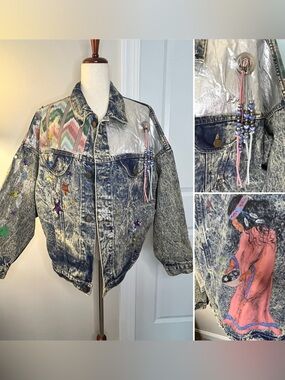Vintage Acid-Wash Denim Jacket with Pastel Accents and Native American print